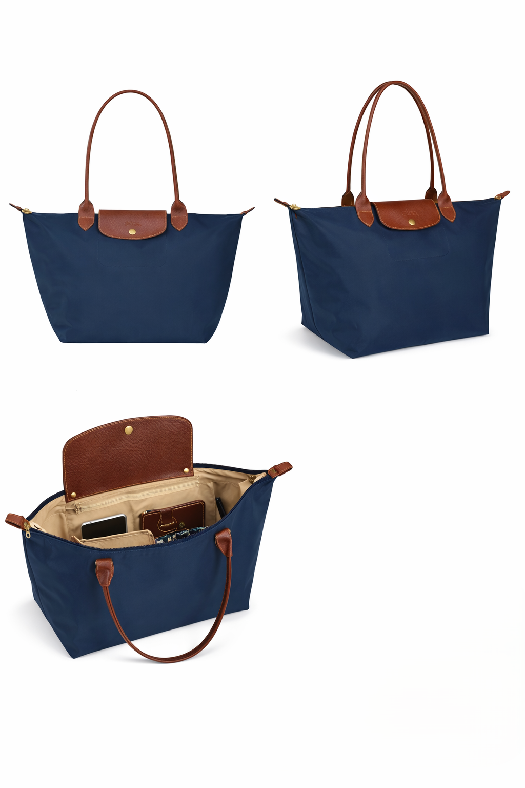 Navy blue tote with leather accents