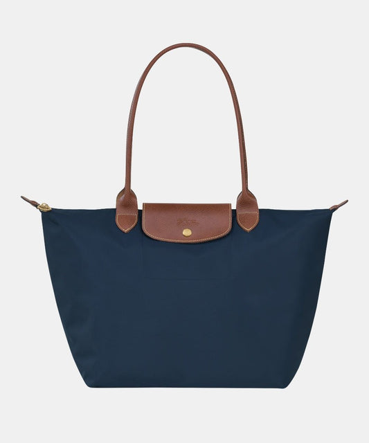 Navy blue tote with leather accents