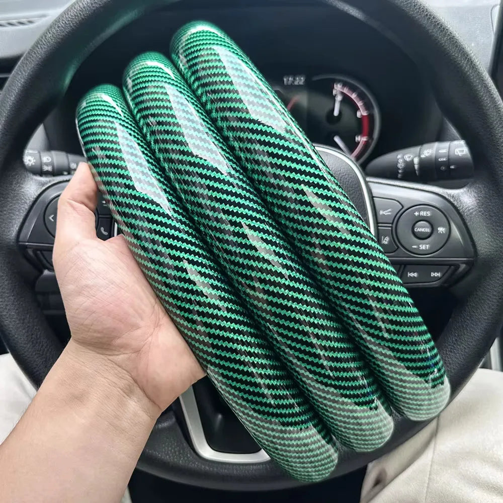 3PCS Laser Carbon Fiber Silicone Car Round Steering Wheel Cover Fiber Leather Wheel Booster Auto Cover Non-Slip Universal parts