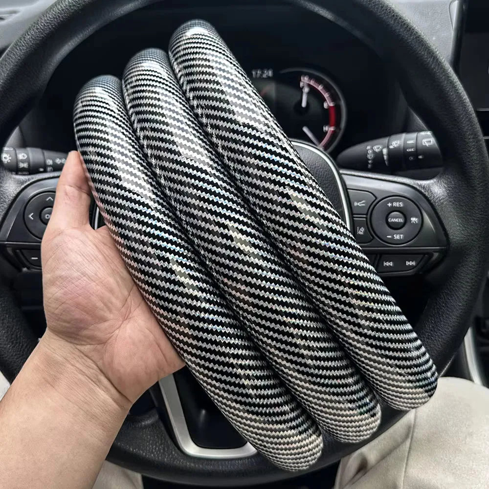 3PCS Laser Carbon Fiber Silicone Car Round Steering Wheel Cover Fiber Leather Wheel Booster Auto Cover Non-Slip Universal parts