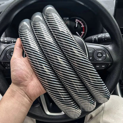 3PCS Laser Carbon Fiber Silicone Car Round Steering Wheel Cover Fiber Leather Wheel Booster Auto Cover Non-Slip Universal parts