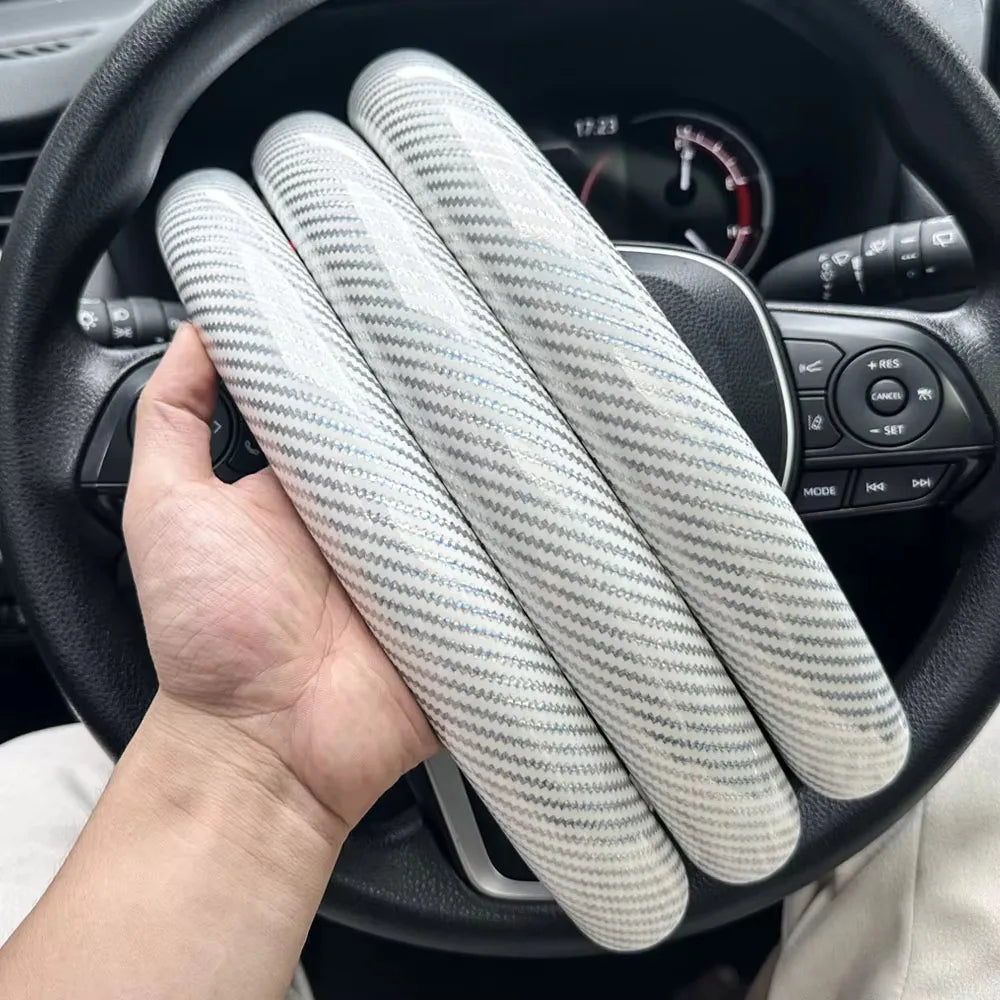3PCS Laser Carbon Fiber Silicone Car Round Steering Wheel Cover Fiber Leather Wheel Booster Auto Cover Non-Slip Universal parts