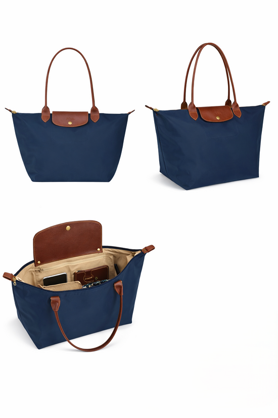 Navy blue tote with leather accents